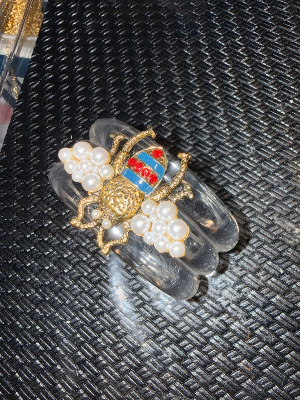 Gold Bee Bracelet with Pearl Wings and Red-Green Enamel Body.